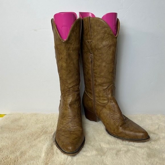 Roper Shoes - Roper Womens Tan Distressed Faux Leather Western Cowgirl Boots 8.5